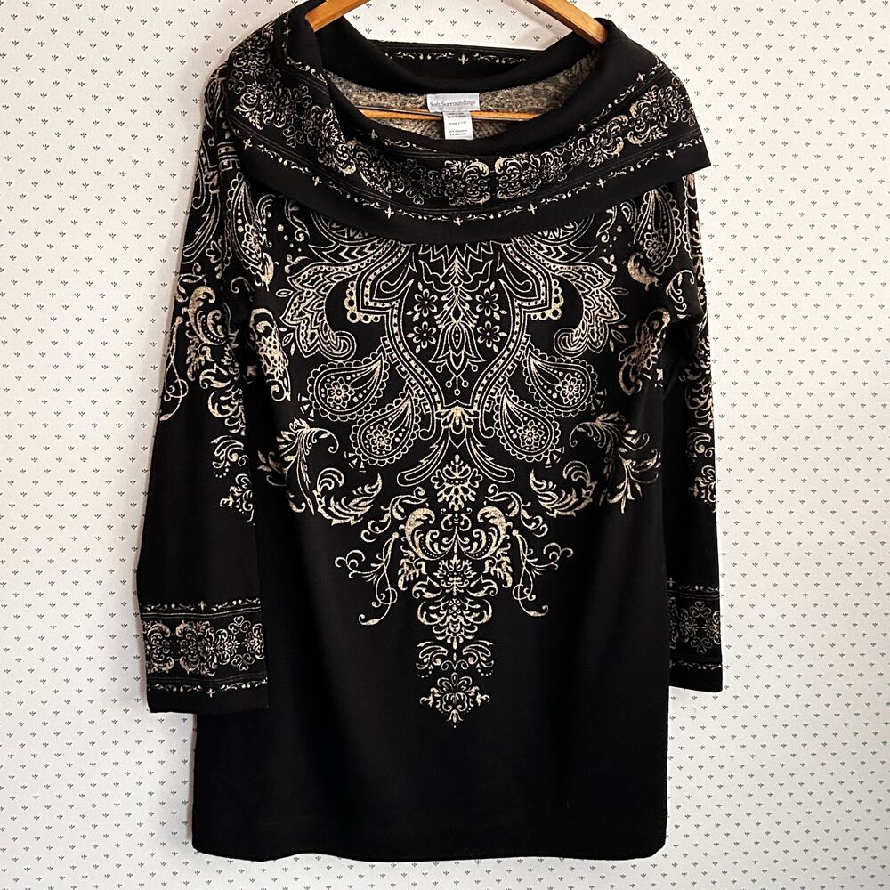 Soft Surroundings Paisley Tunic Sweater S Black Tan Academia Minimalist Capsule